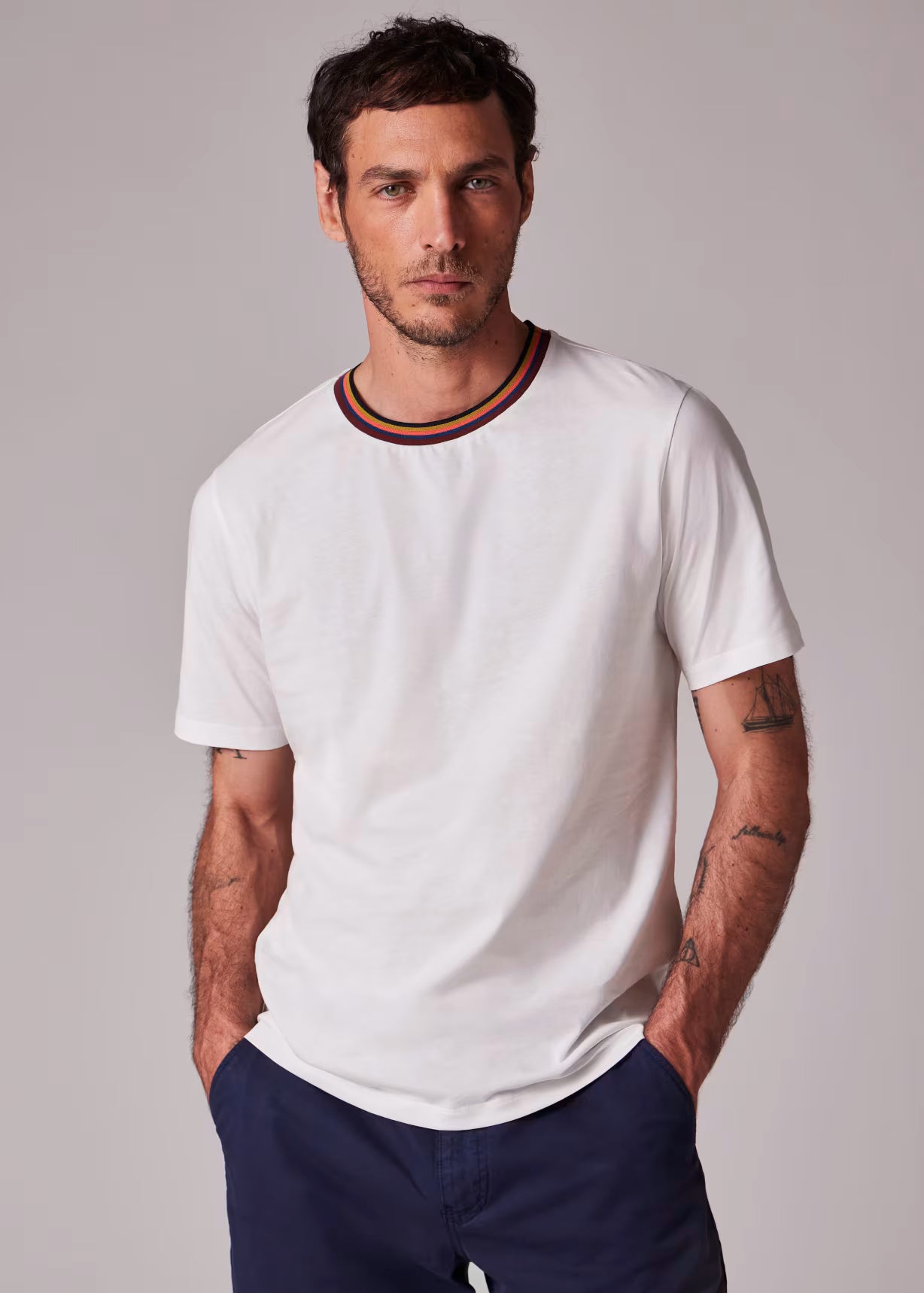 White 'Artist Stripe' Collar Cotton T-Shirt
